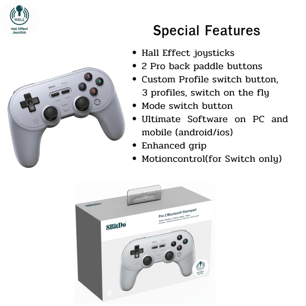 จอยเกมไร้สาย 8Bitdo Pro 2 80GL สีเทา 